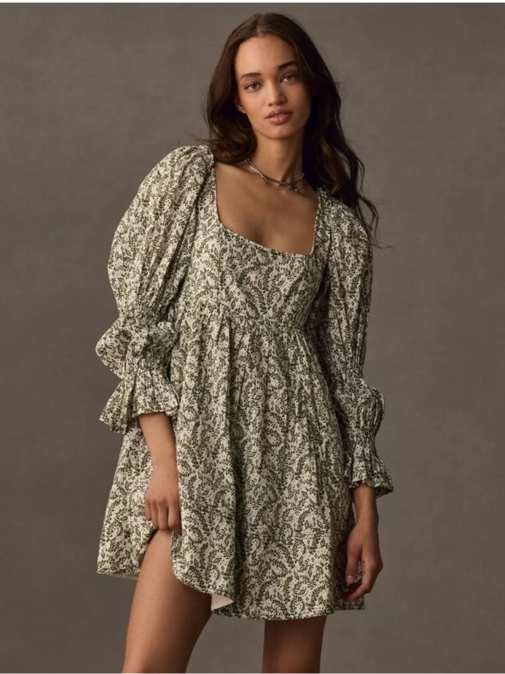 Pilcro Green Floral Square-Neck Puff Sleeve Mini Dress